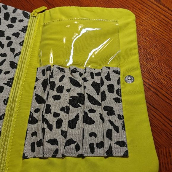 Creme and Black Animal Print Makeup Travel Bag with Neon Yellow Interior - Picture 3 of 11